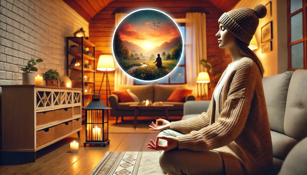 "A cozy home setting with a person practicing visualization meditation, sitting with eyes closed, hands resting on their lap, visualizing a peaceful landscape, surrounded by warm lighting and a serene atmosphere symbolizing stress relief and mental clarity."