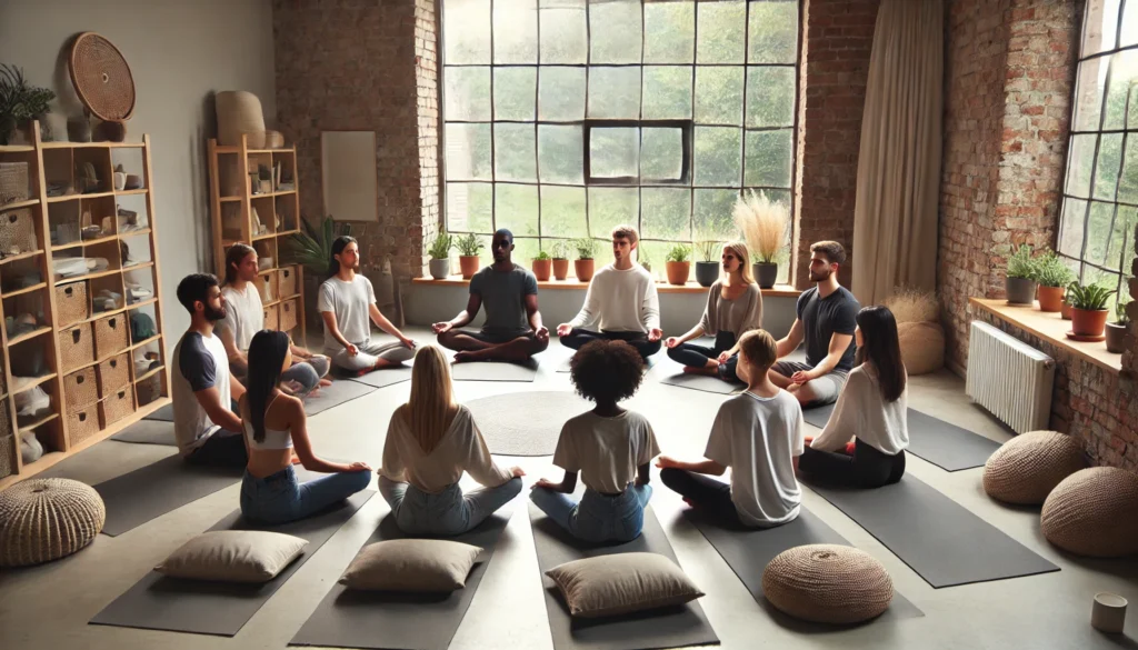 A diverse group of people practicing mindfulness meditation in a peaceful studio, sitting in a circle on yoga mats with soft cushions and natural light creating a harmonious environment."