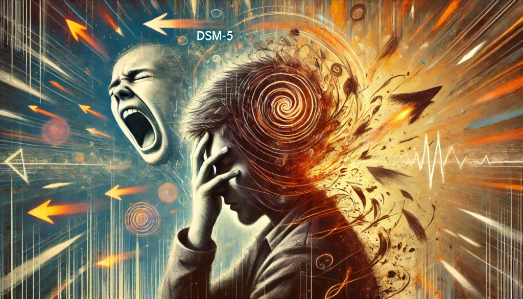 "Symbolic representation of ADHD in DSM-5, portraying a person split between inattention and hyperactivity, with a chaotic blurred background representing cognitive challenges."