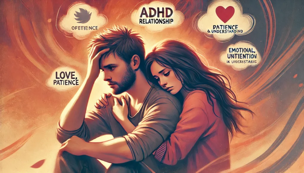 "A couple embracing while navigating ADHD-related relationship challenges, with one partner feeling overwhelmed and the other offering comfort, symbolizing love, patience, and mutual support."