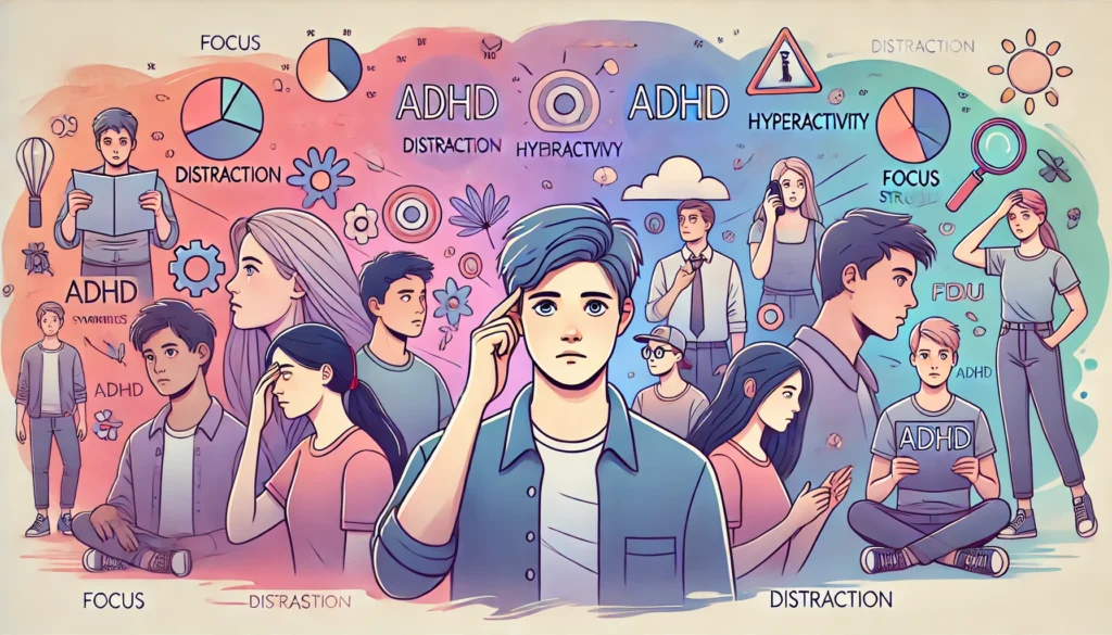 "An informative ADHD concept illustration for a fact sheet, featuring a diverse group of individuals with different expressions representing ADHD symptoms such as distraction, hyperactivity, and focus struggles, against an abstract background."