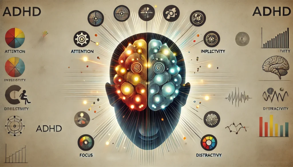 "A symbolic representation of ADHD for an educational fact sheet, showing a human brain with glowing regions depicting different levels of attention, impulsivity, and hyperactivity, surrounded by abstract focus-related icons."