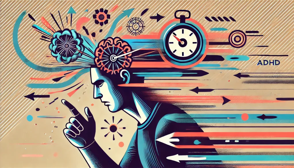 "A conceptual illustration of impulsivity in ADHD, depicting a person making a sudden decision with dynamic motion effects, symbolizing unpredictable actions and rapid thoughts."