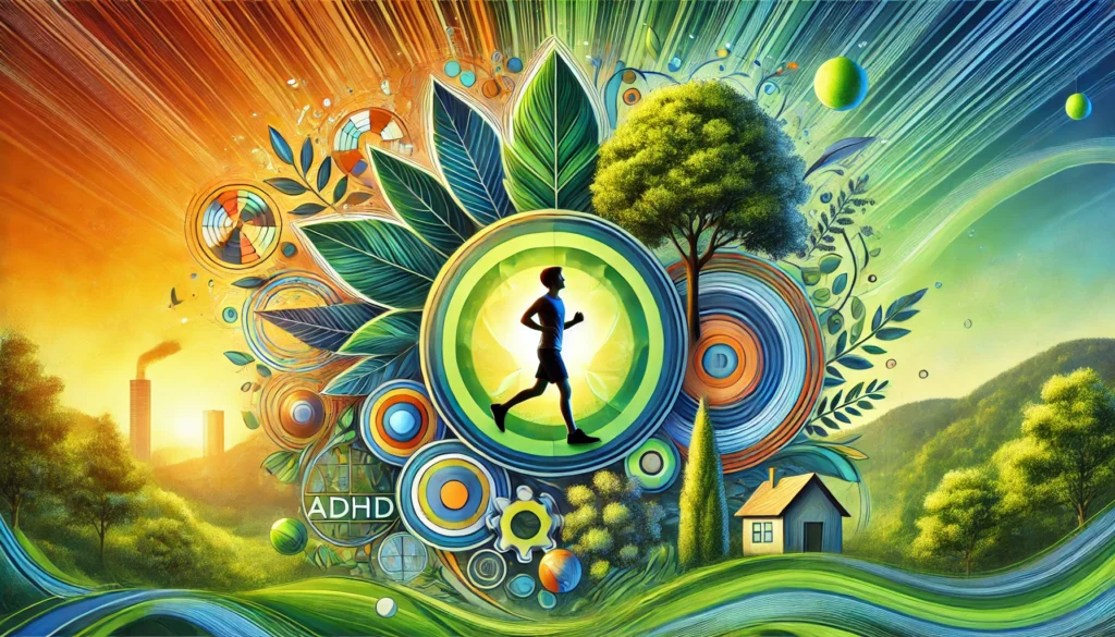 "A symbolic representation of natural remedies for adult ADHD, portraying a person engaged in outdoor exercise, surrounded by abstract elements representing fresh air, mindfulness, and mental clarity."