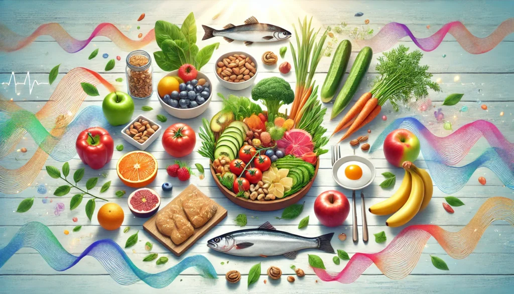 "A conceptual artwork illustrating natural remedies for adult ADHD, featuring a balanced meal with fruits, vegetables, nuts, and fish, symbolizing the role of nutrition in ADHD management and improved focus."