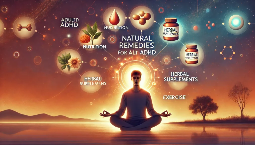 "An artistic representation of natural remedies for adult ADHD, showing a person practicing mindfulness meditation with a glowing aura, surrounded by elements representing nutrition, herbal supplements, and physical activity."