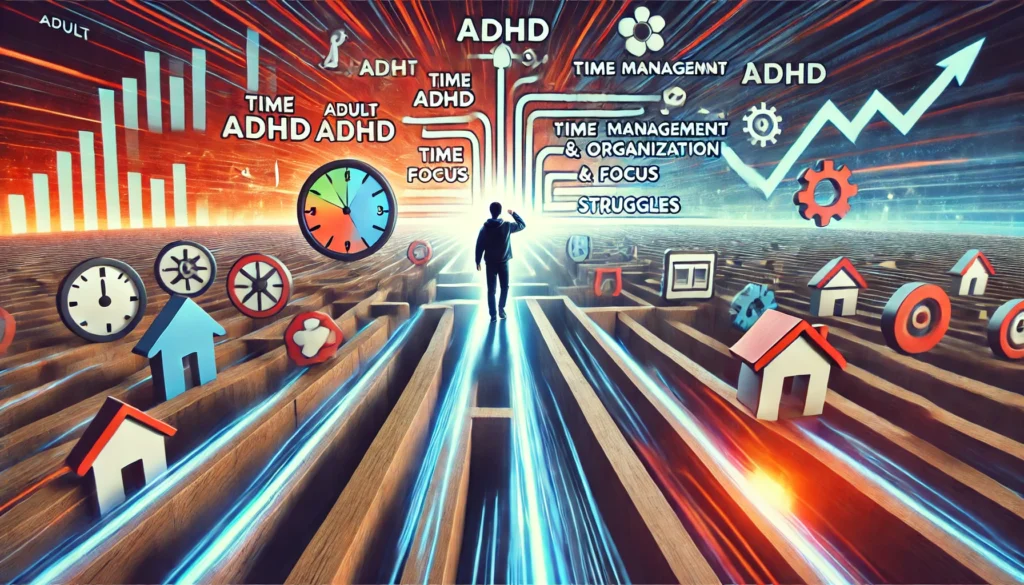 "A conceptual artwork illustrating the experience of living with adult ADHD, featuring a person navigating a maze-like path filled with obstacles symbolizing time management, organization, and focus struggles."