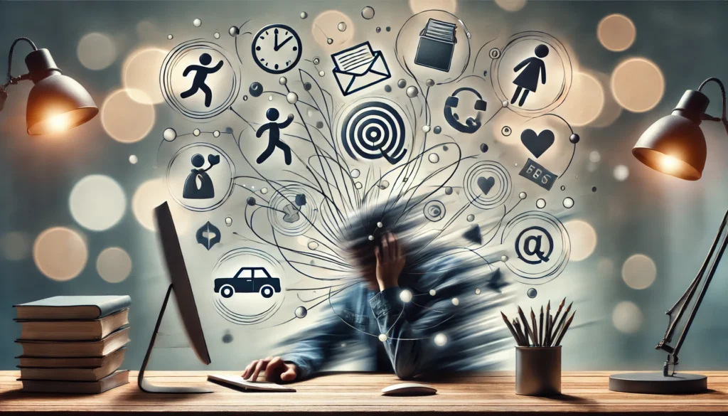 "A symbolic depiction of living with adult ADHD, portraying an individual overwhelmed by distractions, with floating icons representing work, relationships, and responsibilities pulling them in different directions."