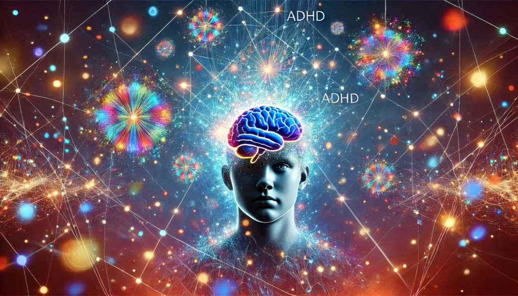 "An artistic representation of 'another word for ADHD,' showing a mind surrounded by glowing neural connections, symbolizing evolving perceptions of ADHD and diverse cognitive styles."