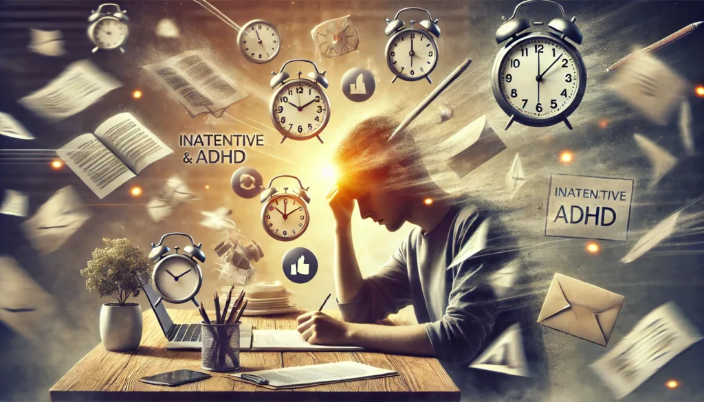 A conceptual artwork illustrating inattentive ADHD, portraying a person trying to focus on a single task while various distractions, including clocks, notifications, and papers, float around them. The warm lighting suggests efforts to regain focus amidst mental clutter.