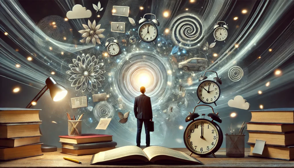 A symbolic depiction of inattentive ADHD, featuring a person surrounded by swirling distractions like books, alarms, and floating thoughts. The blurred environment represents mental fog, emphasizing difficulties in sustaining attention.