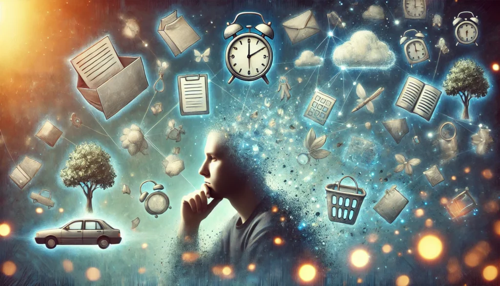 An artistic representation of inattentive ADHD, showing a person lost in thought while daily tasks float around them. The dreamy atmosphere highlights forgetfulness and challenges in maintaining concentration.