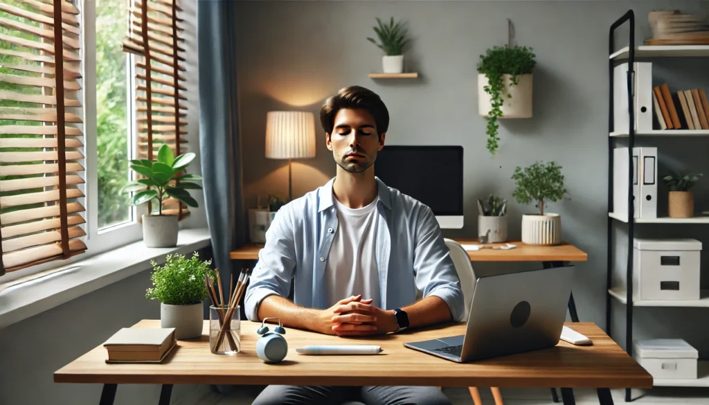 "A serene home office setting where an individual is practicing mindfulness techniques for better focus at work. The person is seated at a tidy desk, taking a deep breath with closed eyes, promoting mental clarity."