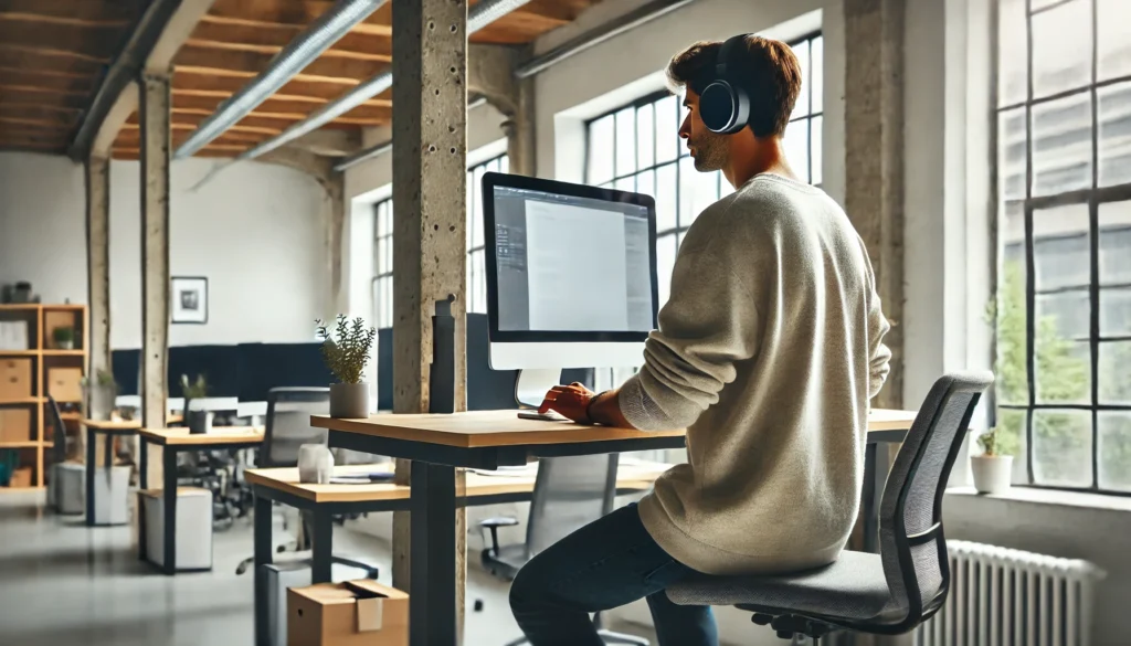 "An individual working at a standing desk in a bright, organized office space. The person is using noise-canceling headphones to block distractions and is deeply focused on their computer screen."