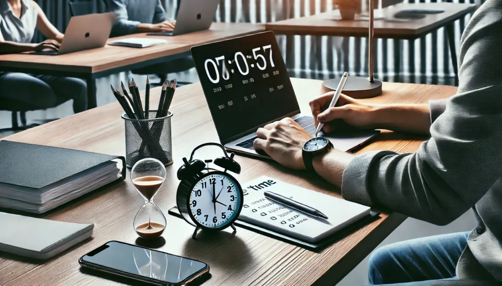 "A modern office setting with an individual practicing the Pomodoro Technique. The workspace includes a timer, a laptop, and a notepad with a clear to-do list."