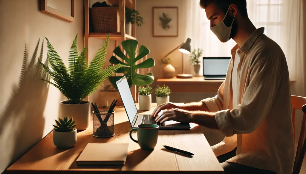 "A serene home office setting with a person using a laptop, practicing digital minimalism. The well-organized workspace includes a potted plant, a cup of tea, and a warm, distraction-free ambiance."