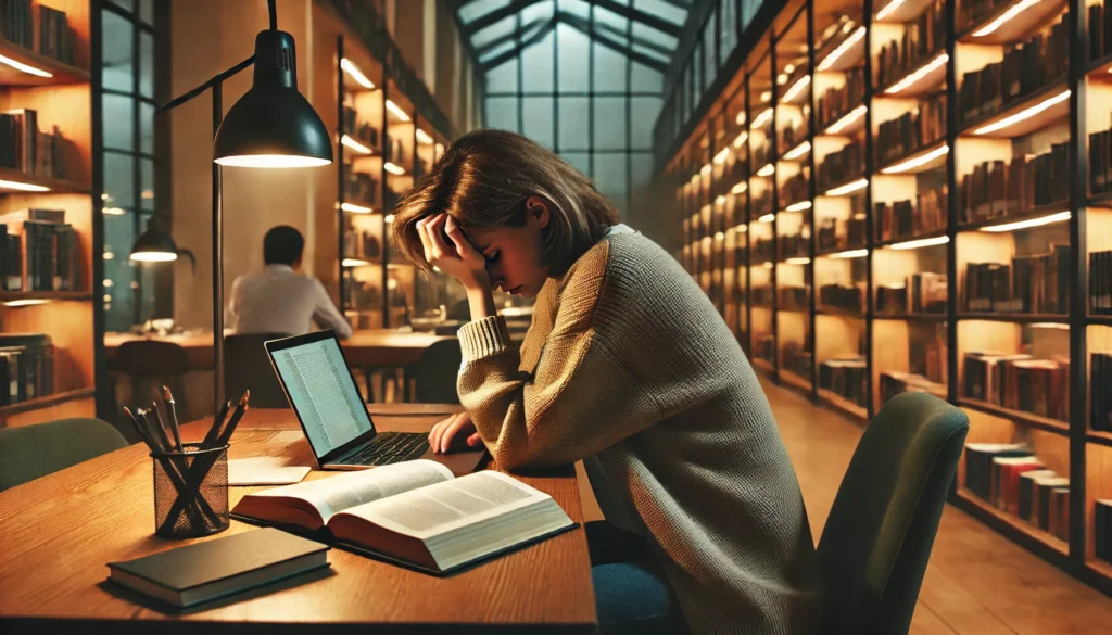 A quiet library-style workspace where an individual is struggling to focus at work, staring at an open notebook with a thoughtful expression, attempting to regain concentration.