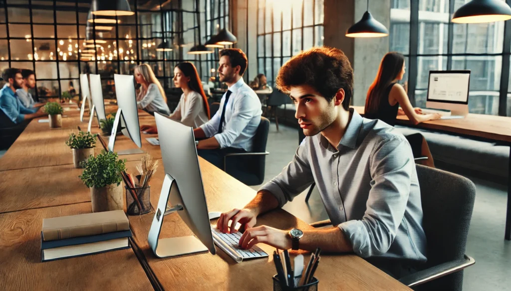 A modern coworking space where an individual is seated at a shared desk, struggling to focus at work while surrounded by background noise and other professionals engaged in discussions.