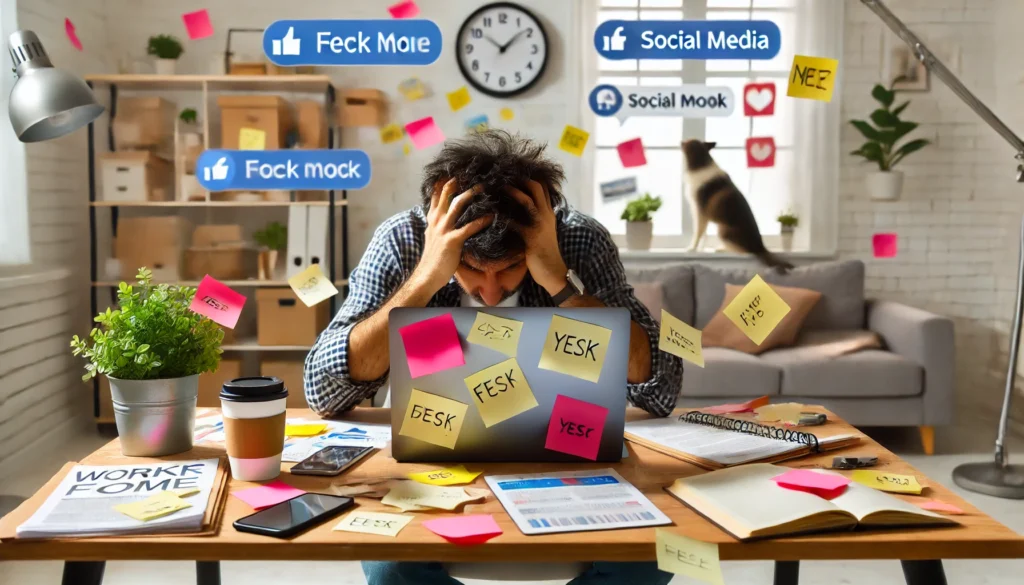 An individual working from home, sitting at a desk with a laptop, struggling to focus at work due to distractions, with a cup of coffee and scattered notes on the table.