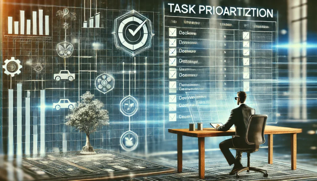 An artistic representation of a task prioritization model, showcasing a business professional using a structured workflow to manage tasks efficiently. The scene includes a desk with a digital interface displaying task priorities, symbolizing productivity and organization in a corporate environment.