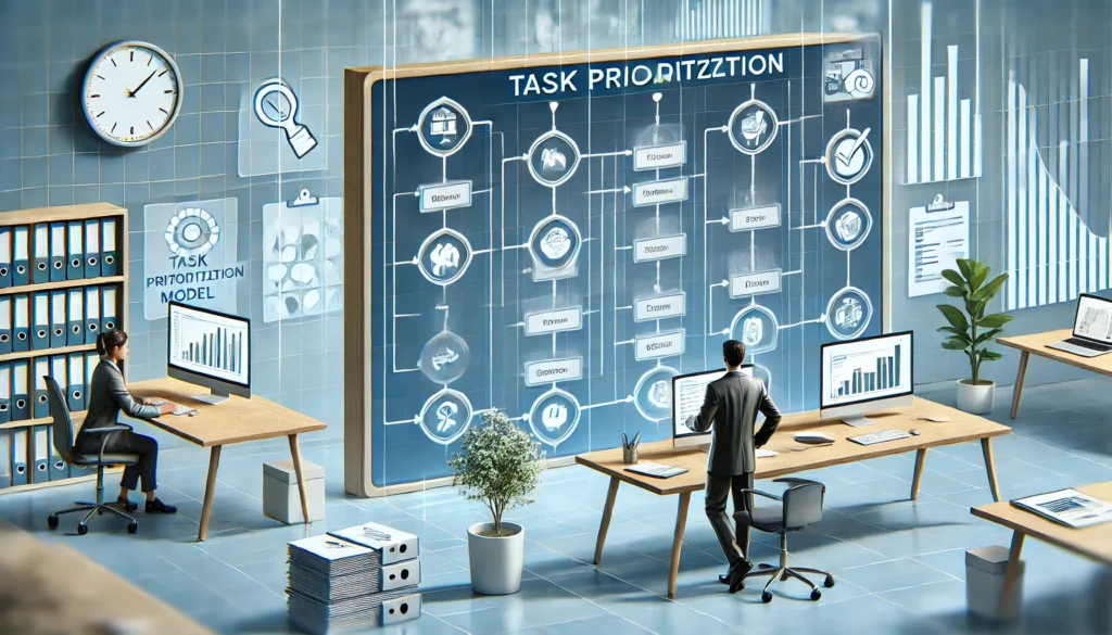 A conceptual illustration of a task prioritization model, featuring a business professional managing multiple tasks on a virtual task board. The setting is a well-organized office space, symbolizing productivity and efficiency.