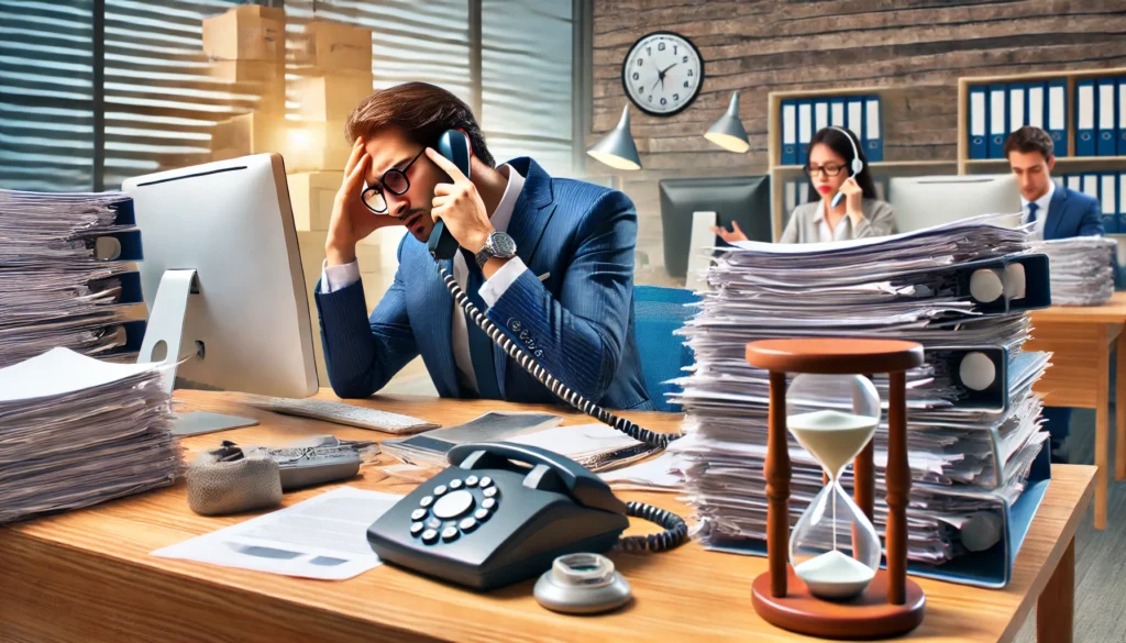 An office environment where an employee is struggling with time management, surrounded by stacks of paperwork, a ringing phone, and incoming emails on a computer screen. The individual looks stressed, holding their head while an hourglass on the desk symbolizes time slipping away. The background includes colleagues working efficiently, highlighting the contrast between time management problems and solutions.