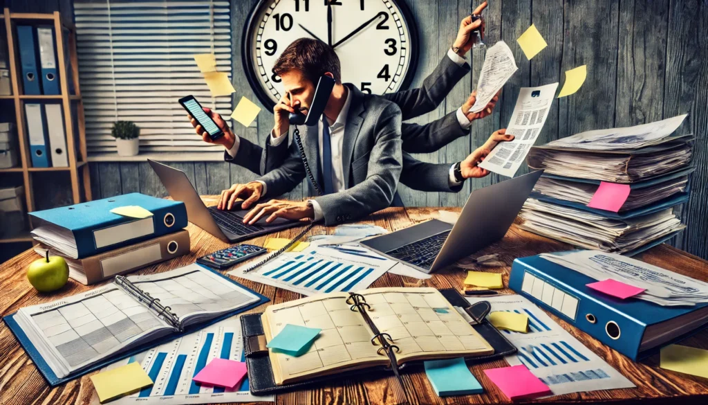 A busy workspace where a professional is juggling multiple tasks, with open planners, sticky notes, and unfinished reports on the desk. The individual is multitasking between a phone call, typing on a laptop, and checking the time, emphasizing the challenge of time management solutions. A large clock in the background highlights the urgency and time constraints.