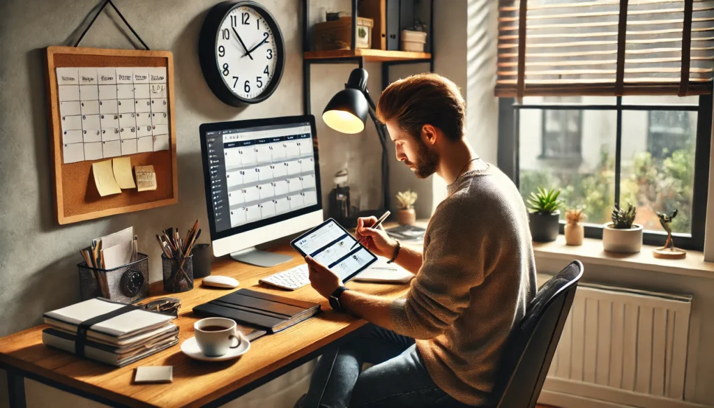 "A cozy home office where a remote worker is practicing effective time management by organizing tasks and minimizing distractions. Essential time management tips for busy adults working from home."