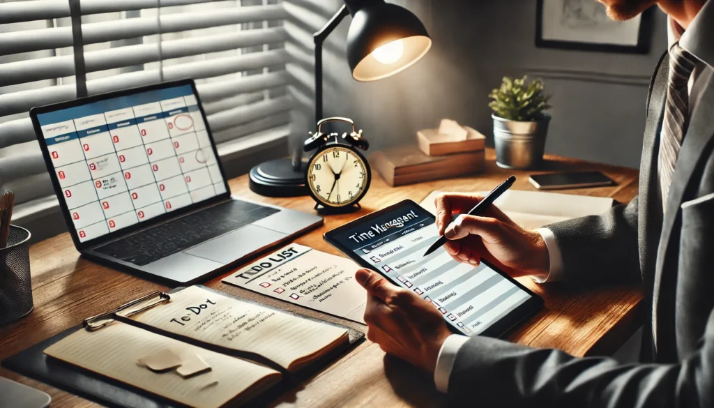 "A home office setting where a professional is carefully crafting a time management plan on a digital tablet. The workspace includes a desk lamp, a to-do list, and a clock indicating the importance of scheduling and productivity."