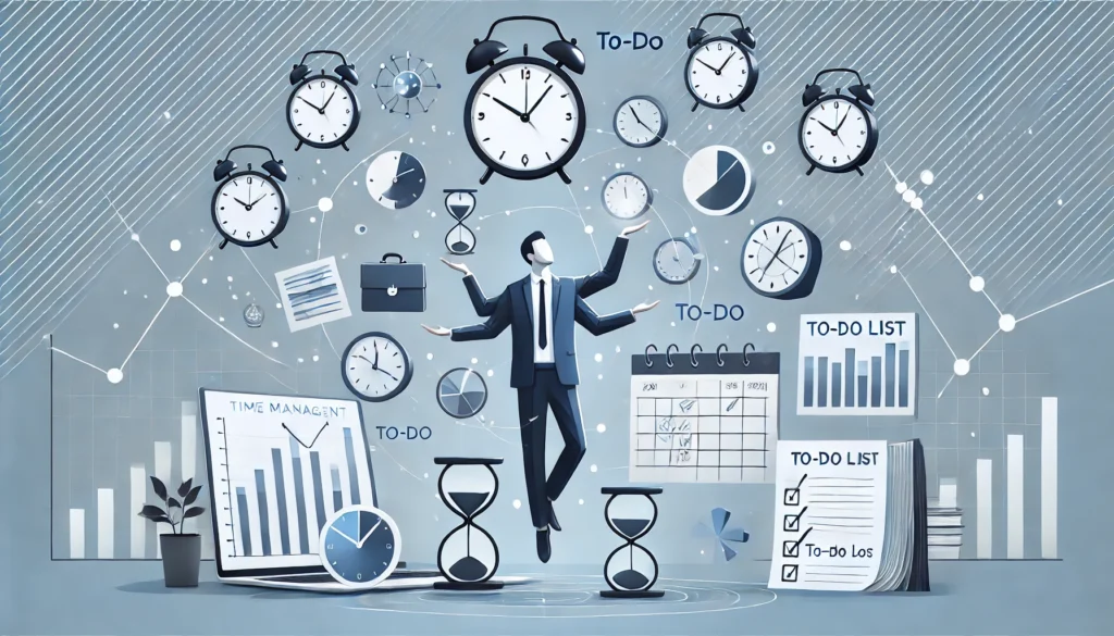 A conceptual illustration of time management, featuring a person juggling different tasks symbolized by floating clocks, graphs, and to-do lists. The scene conveys productivity, organization, and strategic planning.
ALT Text: "Conceptual illustration of time management with floating clocks, graphs, and tasks."