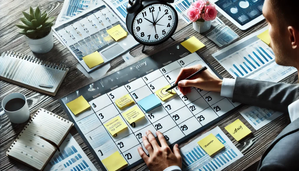 A professional setting with a person using a large calendar and sticky notes to plan their schedule. The scene includes a clock and digital devices, emphasizing organization and planning.
ALT Text: "Professional organizing schedule with a calendar and sticky notes for effective time management."