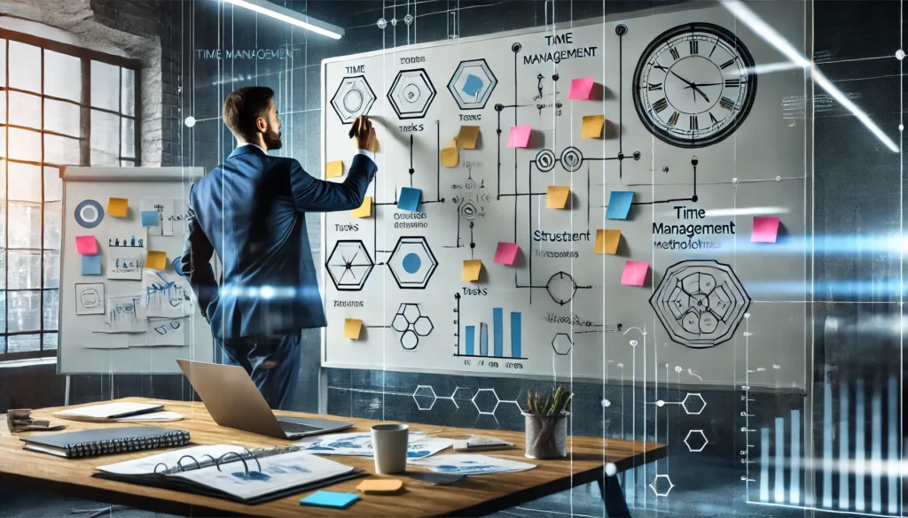 A business professional in a modern office using a large whiteboard to plan tasks with sticky notes and diagrams, symbolizing structured time management methodologies.
ALT Text: "Business professional using a whiteboard with sticky notes and diagrams for strategic time management planning."