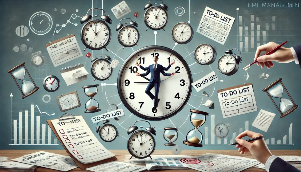 A conceptual illustration of time management methodologies, featuring a person juggling multiple tasks, surrounded by floating clocks, to-do lists, and scheduling symbols.
ALT Text: "Conceptual illustration of time management methodologies with floating clocks, tasks, and scheduling symbols."