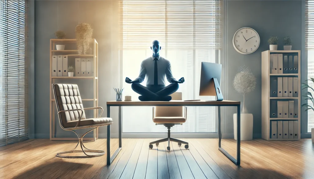 A tranquil meditation scene in a modern office setting, featuring a professional sitting in a meditative posture on a chair at their desk, with natural light enhancing mindfulness and focus.
ALT Text: "Professional meditating at their desk in a modern office, practicing mindfulness for improved focus and productivity."