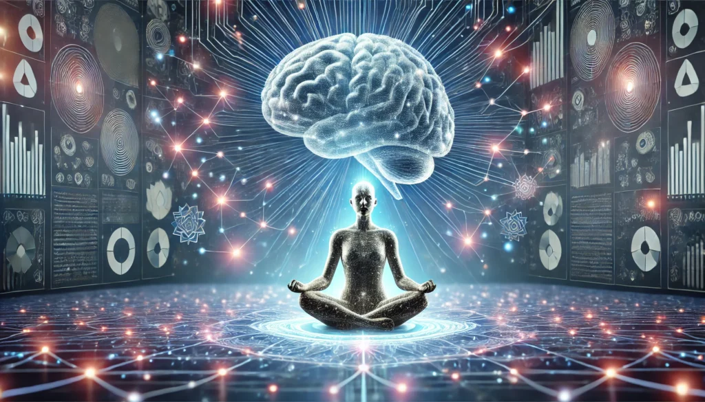 A conceptual digital illustration of a human brain with glowing neural connections, surrounded by a person in a meditative pose, symbolizing how meditation enhances focus and cognitive function.
ALT Text: "Conceptual illustration of a brain with glowing neural pathways, highlighting meditation's role in improving focus."