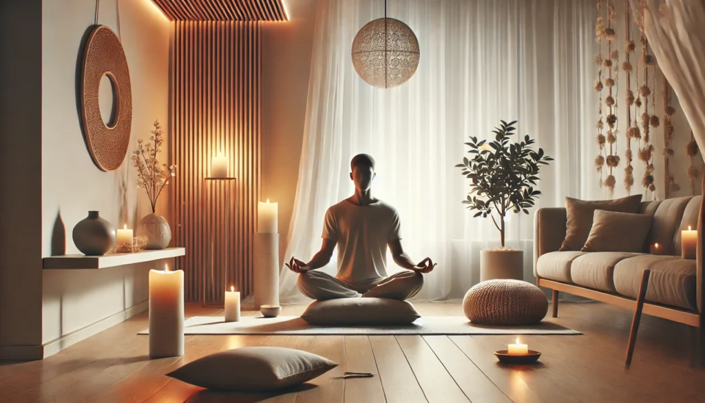 A modern home meditation space with soft lighting, a person sitting on a cushion in a focused meditative posture, surrounded by candles, a small plant, and a meditation bowl, creating a peaceful atmosphere for deep concentration.
ALT Text: "Minimalist home meditation space with soft lighting and a focused individual practicing meditation to improve focus."