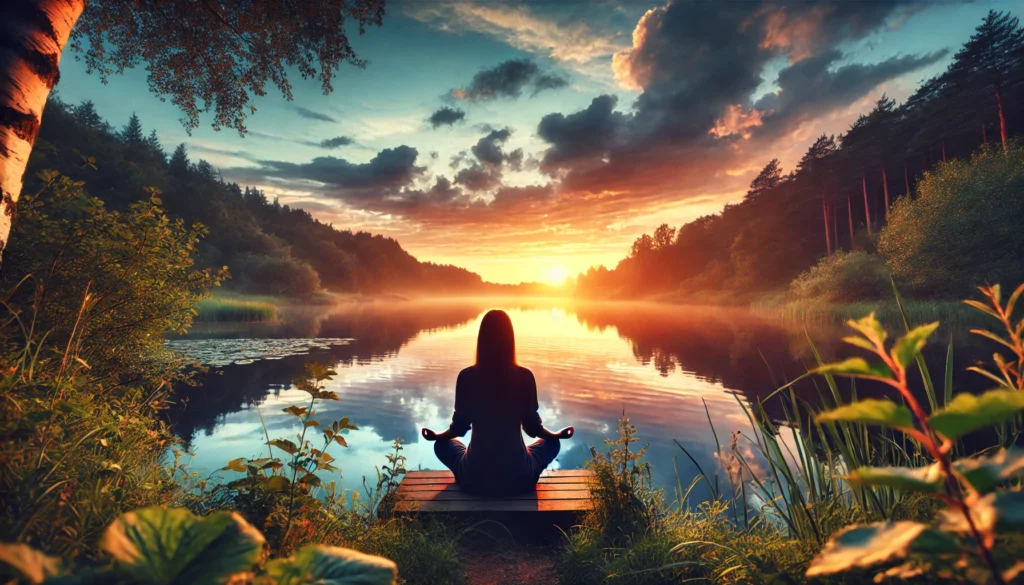 A tranquil outdoor meditation scene featuring a person sitting by a calm lake during sunset, meditating with a serene expression. The reflection of the sky on the water and the peaceful natural surroundings emphasize relaxation, stress relief, and mindfulness.
ALT Text: "Person meditating by a calm lake at sunset, practicing mindfulness for stress relief and emotional balance."