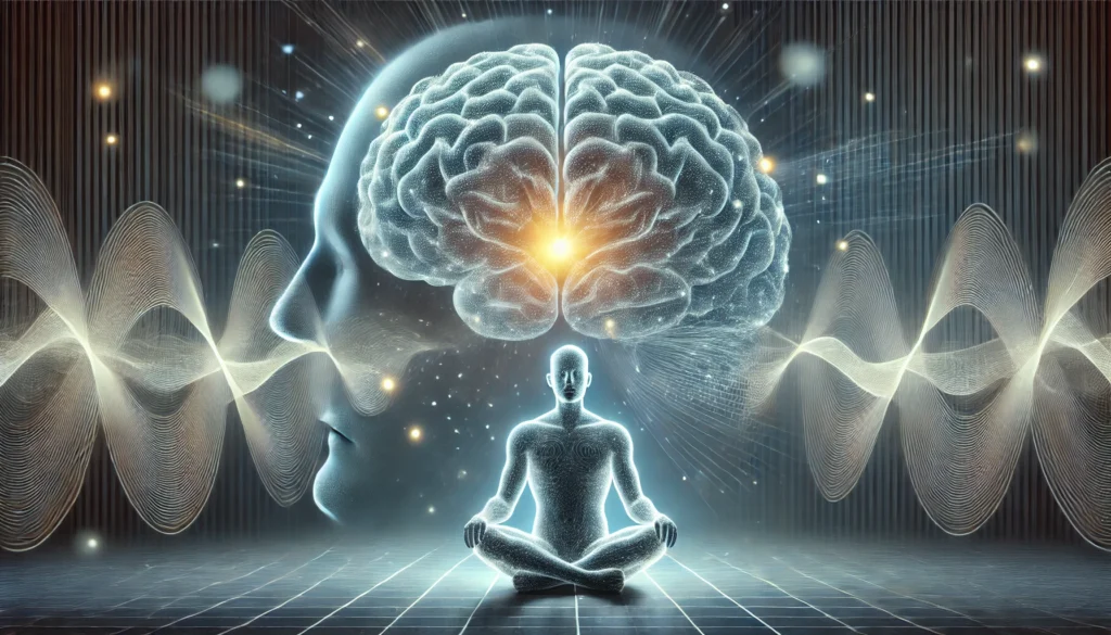 A conceptual digital illustration of a human brain with soft, glowing energy waves surrounding it, symbolizing the calming effects of meditation on anxiety and depression. A person is seen meditating in the foreground with a peaceful aura, representing mental clarity and emotional balance.
ALT Text: "Conceptual illustration of a brain with glowing energy waves, depicting the mental benefits of meditation for anxiety and depression."