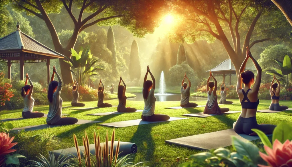 A tranquil outdoor yoga session featuring a group of people practicing mindful stretching in a peaceful park, surrounded by lush greenery and warm sunlight, symbolizing mindfulness for physical and mental well-being.
ALT Text: "Group practicing mindfulness-based yoga in a peaceful park, highlighting the benefits of mindfulness for body and mind."