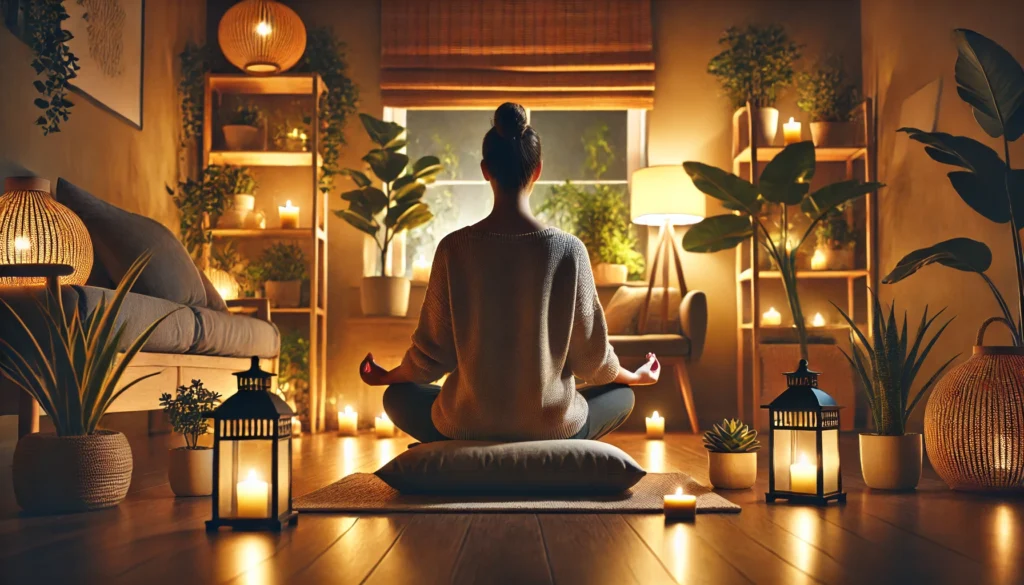 A tranquil home meditation space featuring a person sitting on a cushion in deep concentration, surrounded by soft lighting, candles, and indoor plants, promoting mindfulness and focus.
ALT Text: "Cozy meditation space with a person practicing mindful breathing for enhanced focus and mental clarity."