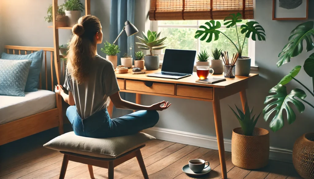 A peaceful home workspace with a person sitting in a meditative posture on a cushion, practicing mindful breathing. The setting includes a desk with a laptop, a cup of tea, and indoor plants, symbolizing meditation for work-life balance.
ALT Text: "Person practicing mindfulness meditation in a cozy home workspace for productivity and stress relief."