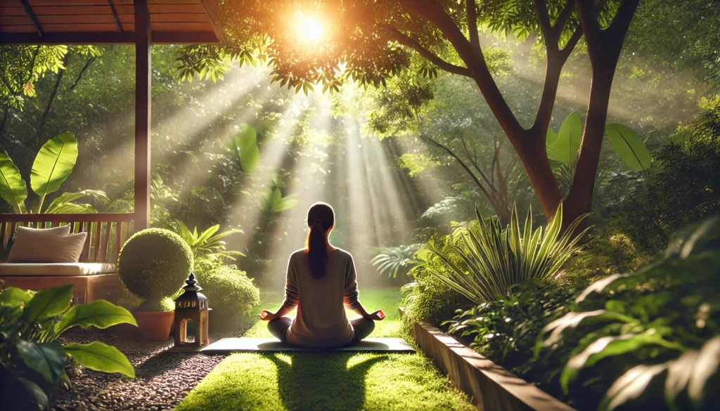 A serene outdoor meditation session featuring a person sitting in a peaceful garden, practicing a 10-minute meditation for stress relief, surrounded by lush greenery and gentle sunlight.
ALT Text: "Person meditating outdoors in a peaceful garden, practicing a 10-minute mindfulness meditation for stress relief."