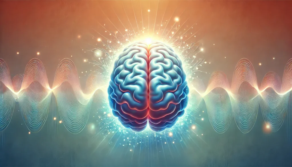 A conceptual digital illustration of a glowing human brain with waves of calm energy surrounding it, symbolizing the benefits of meditation for stress relief and mental clarity.
ALT Text: "Glowing human brain with energy waves representing the calming effects of a 10-minute meditation for stress relief."