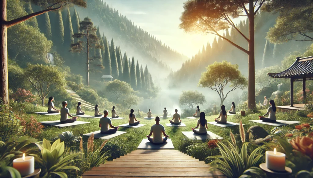 A tranquil outdoor meditation session featuring a group of people practicing mindfulness together in a scenic natural setting. The environment is peaceful, with a soft breeze, lush greenery, and a sense of unity among the practitioners, reflecting harmony, self-awareness, and well-being.