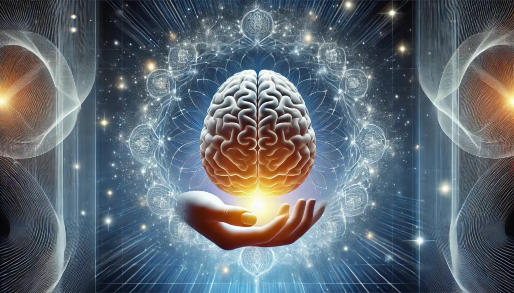 A conceptual digital illustration of a human brain surrounded by a peaceful aura, symbolizing the cognitive benefits of meditation. The image represents mindfulness, focus, and the neurological effects of meditation on mental clarity and emotional balance.