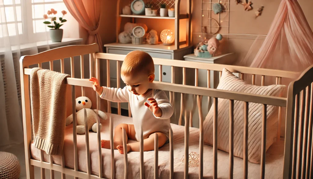 A cozy nursery with a baby in a crib, showing signs of excessive movement and restlessness, depicting early symptoms of ADHD in infants.