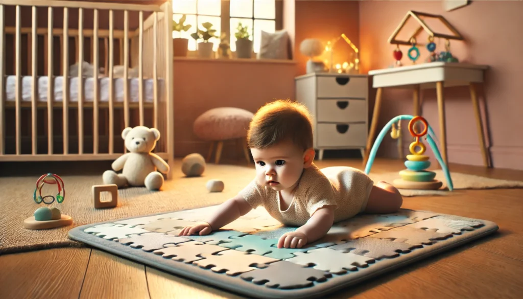 A warm and calming nursery featuring an infant lying awake in a crib, displaying difficulty settling, a common early indicator of ADHD in infants.