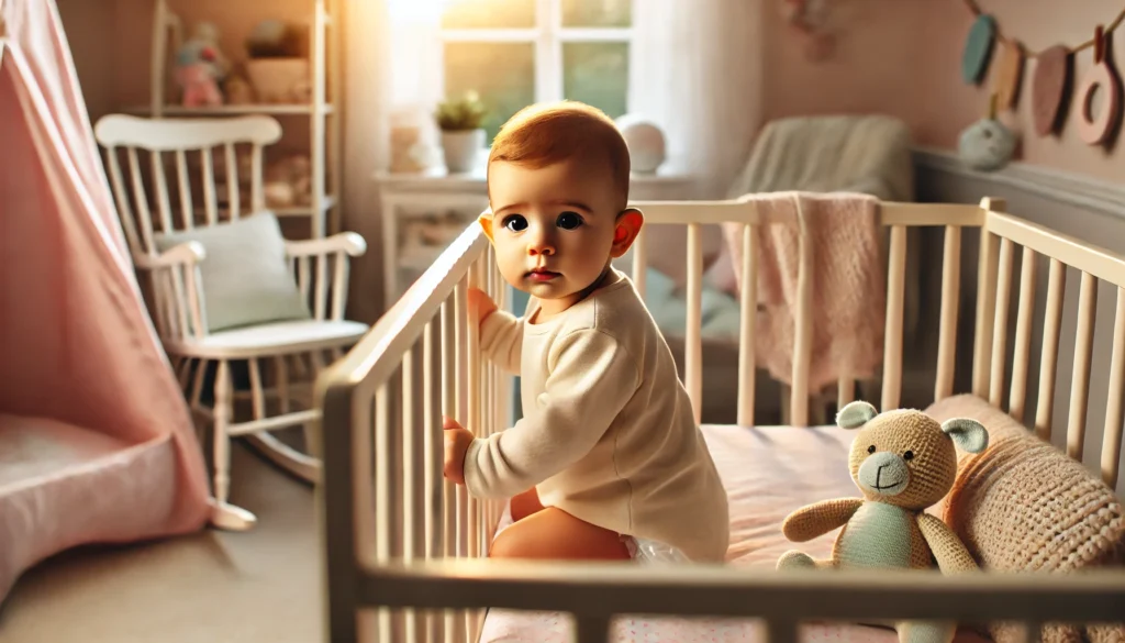 A peaceful nursery scene with a baby sitting up in a crib, looking alert and fidgety, illustrating potential hyperactivity and attention challenges in infants with ADHD.