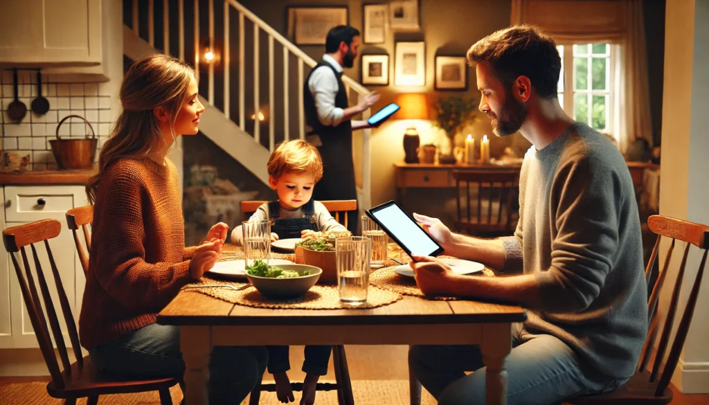 "A warm family dining room where a young child is seated at the dinner table, talking with parents while a tablet is placed face down beside them. This scene highlights a mindful approach to screen time, emphasizing family bonding over meals."