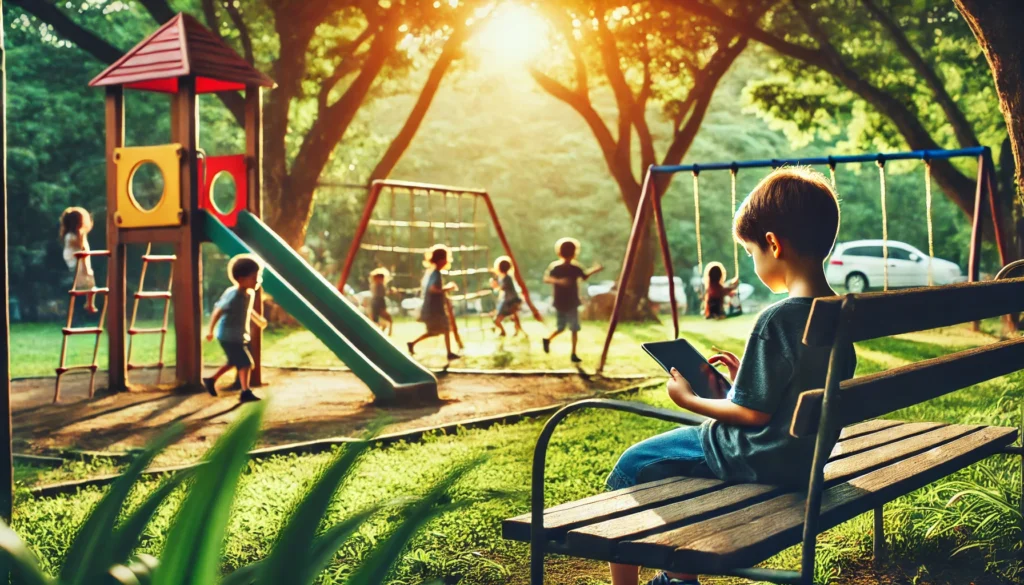 "A peaceful outdoor park with a child sitting on a bench using a tablet while other kids play on swings and slides in the background. The image represents the balance between digital and physical activities for kids."